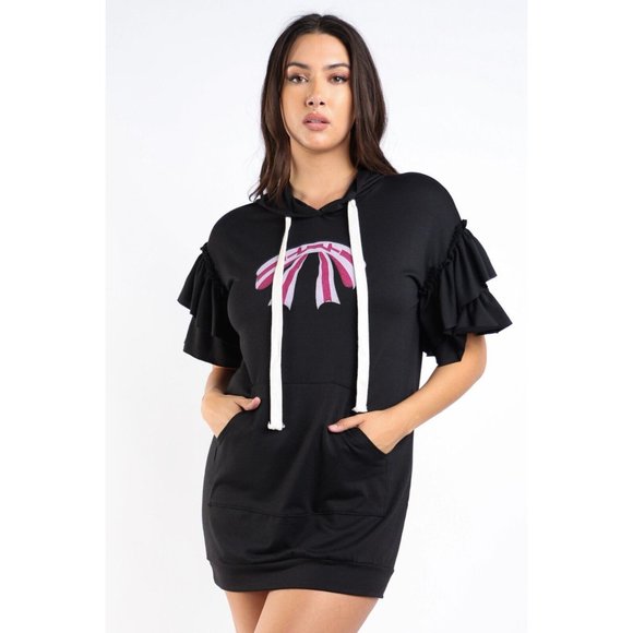 Boutique Tops - Women's Black Midi Hoodie Dress Short Sleeve Casual Outerwear Sweatshirt Dresses